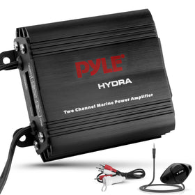 Pyle marine amplifier front view showing compact black casing and LED status, durable and marine-ready