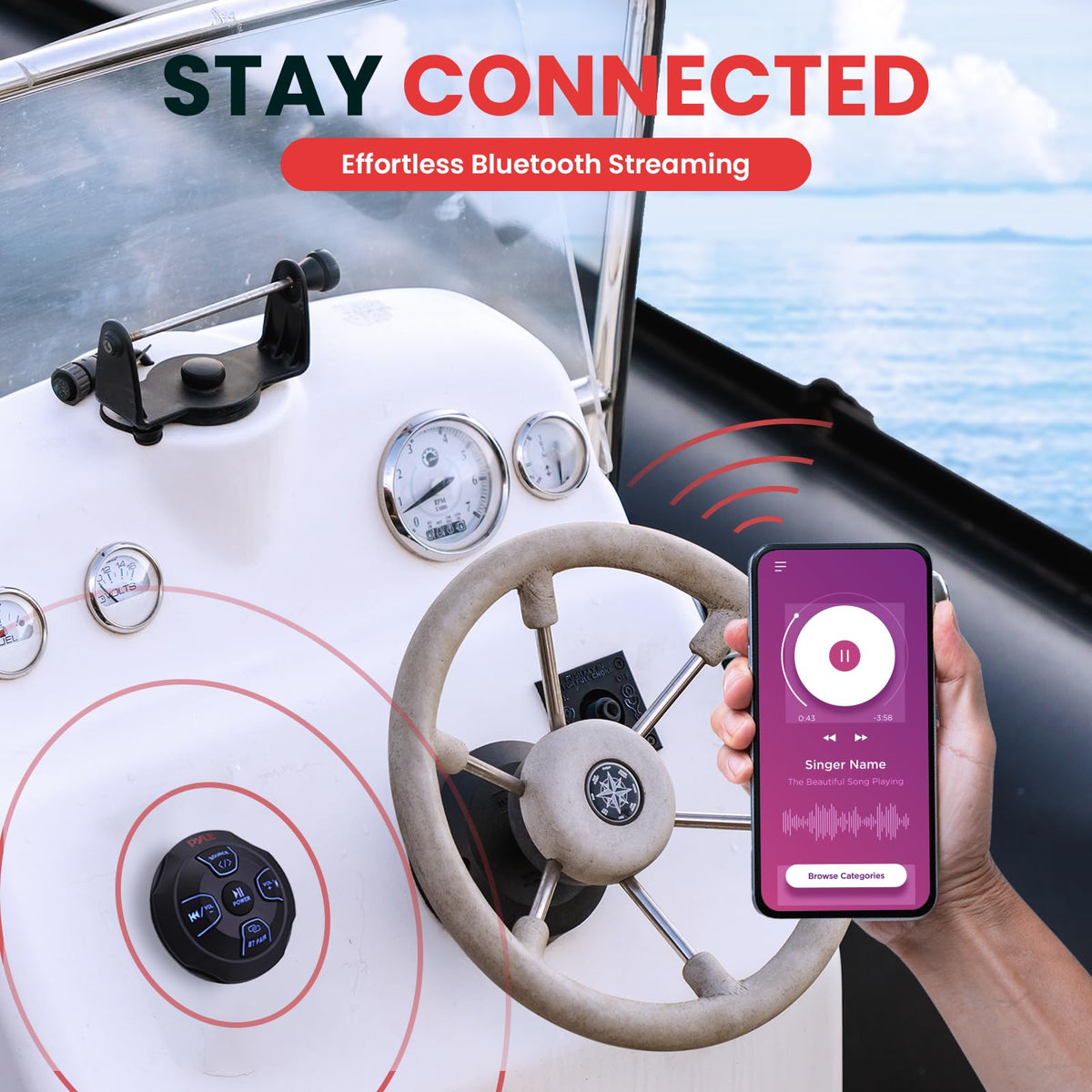 Pyle marine BT controller mounted inside console enables easy wireless audio control
