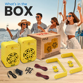 Pyle marine-grade outdoor speakers withstand splashes, ideal for boats and pool decks.