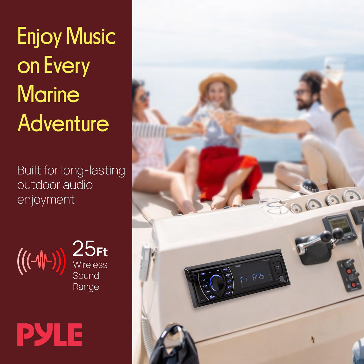 Pyle head unit peak power of 300W drives immersive water audio.