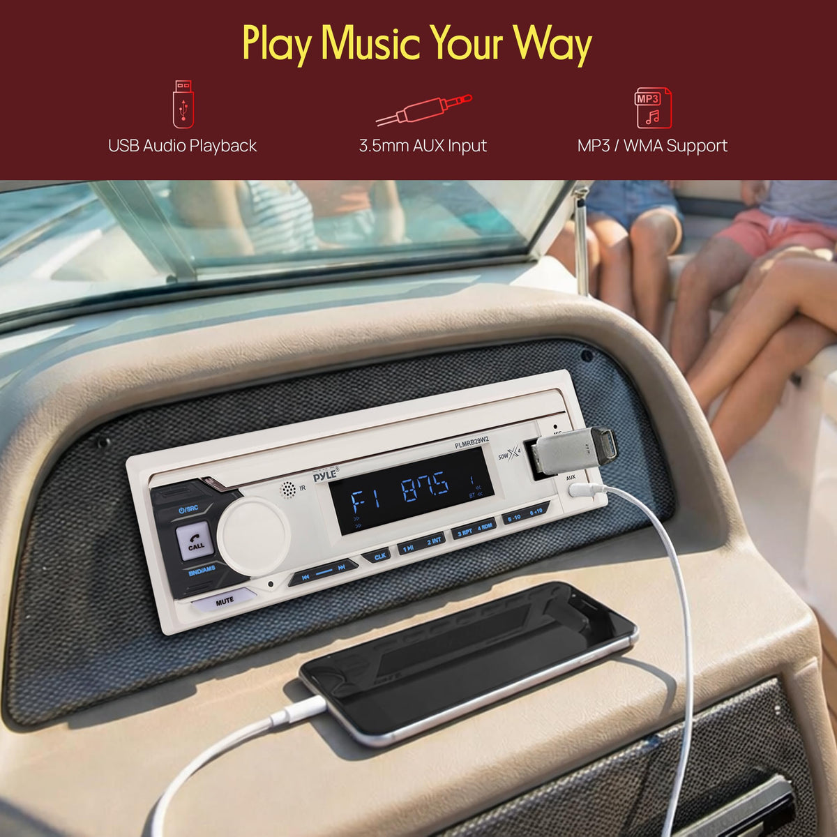 Pyle installed at a boat helm demonstrating splash-resistant fit and tidy dashboard integration