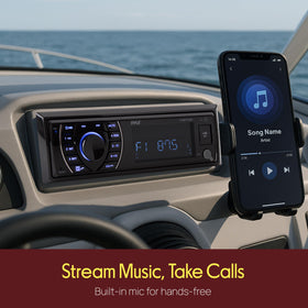 Pyle four-ohm impedance speakers paired with head unit for reliable marine performance.
