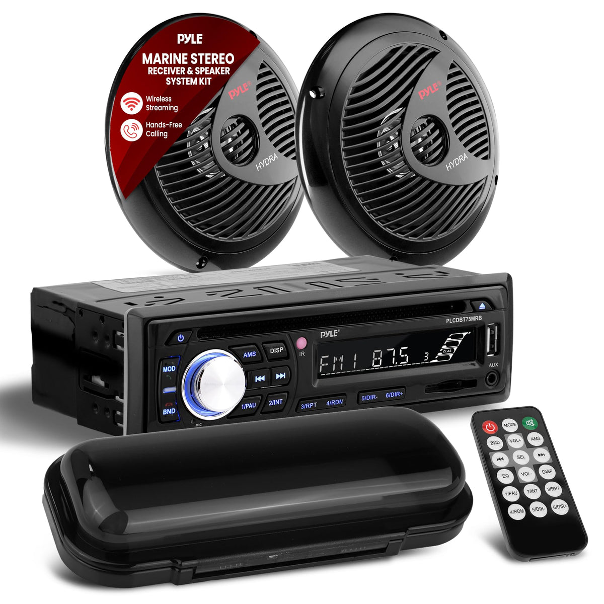 Pyle marine stereo receiver front panel with illuminated controls for easy navigation.
