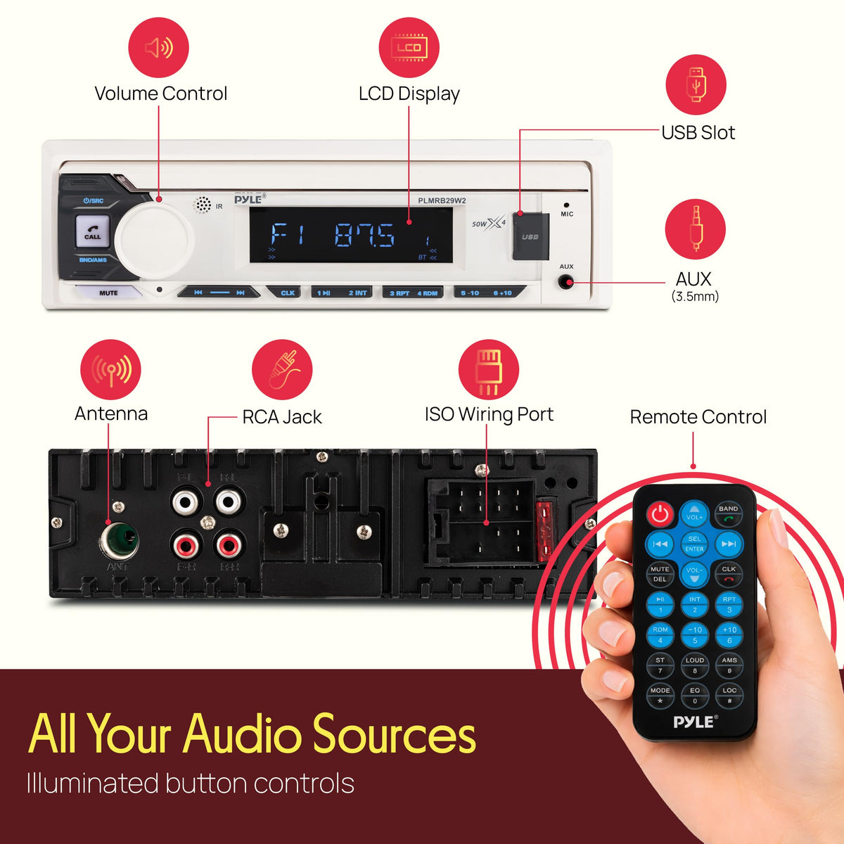 Pyle USB and AUX ports image highlighting mp3 playback and device charging convenience