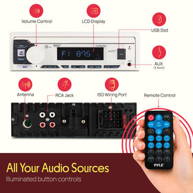 Pyle USB and AUX ports image highlighting mp3 playback and device charging convenience