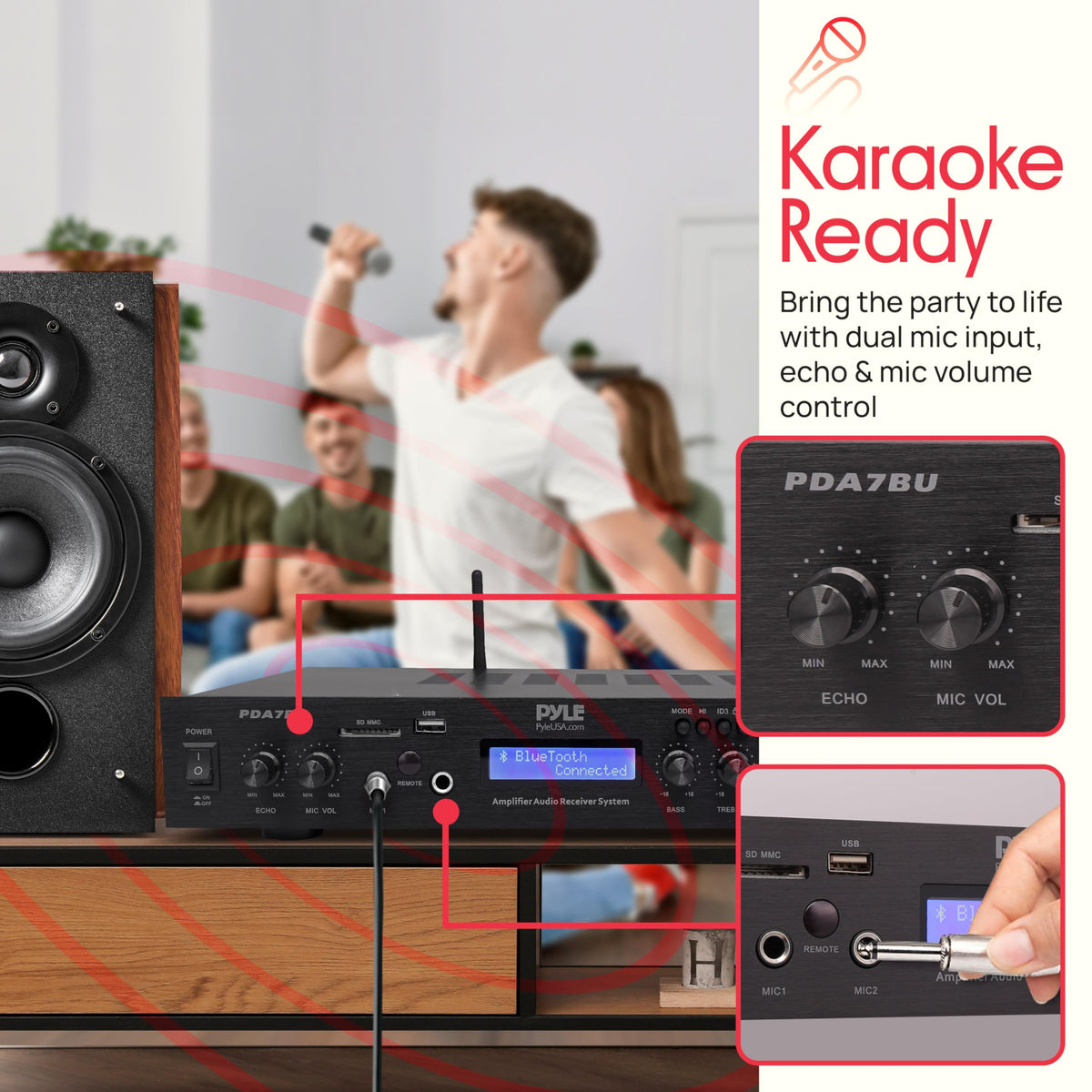 Pyle dual mic inputs suitable for karaoke or meetings.