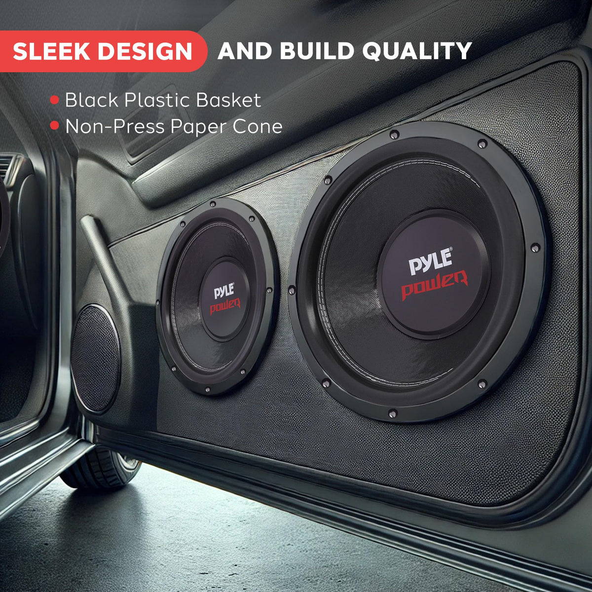 Pyle PLPW12D mounted in a car trunk demonstrating compact fit and space-saving installation