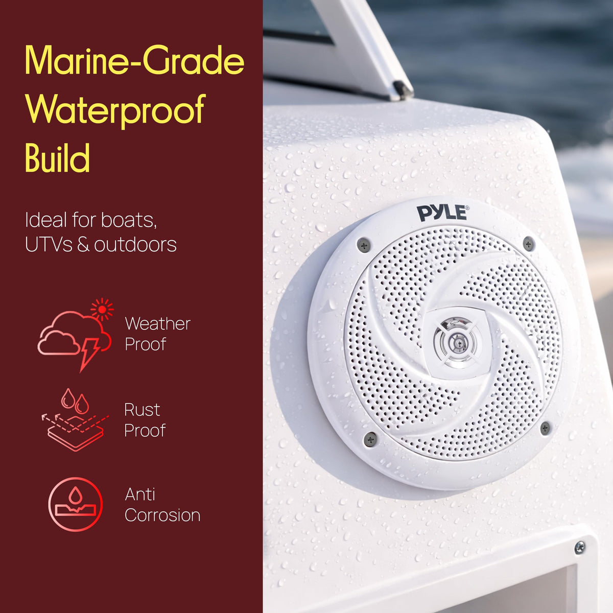 Pyle speakers mounted on boat transom illustrating waterproof performance and secure fit
