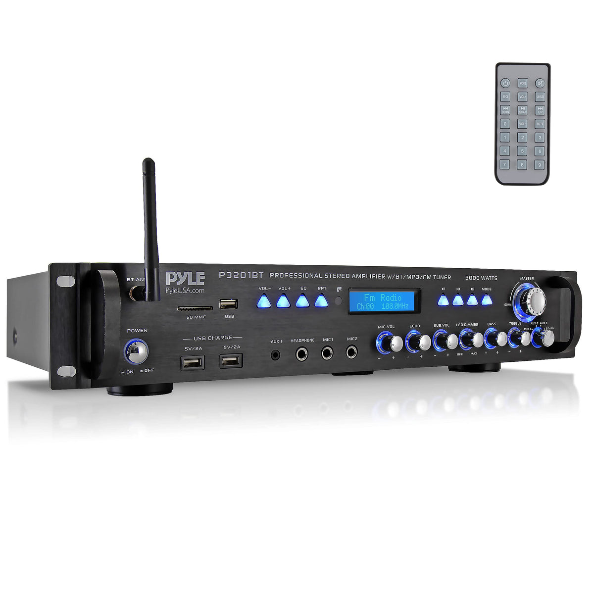 Pyle P3201BT front panel with illuminated controls for quick setup and adjustments.