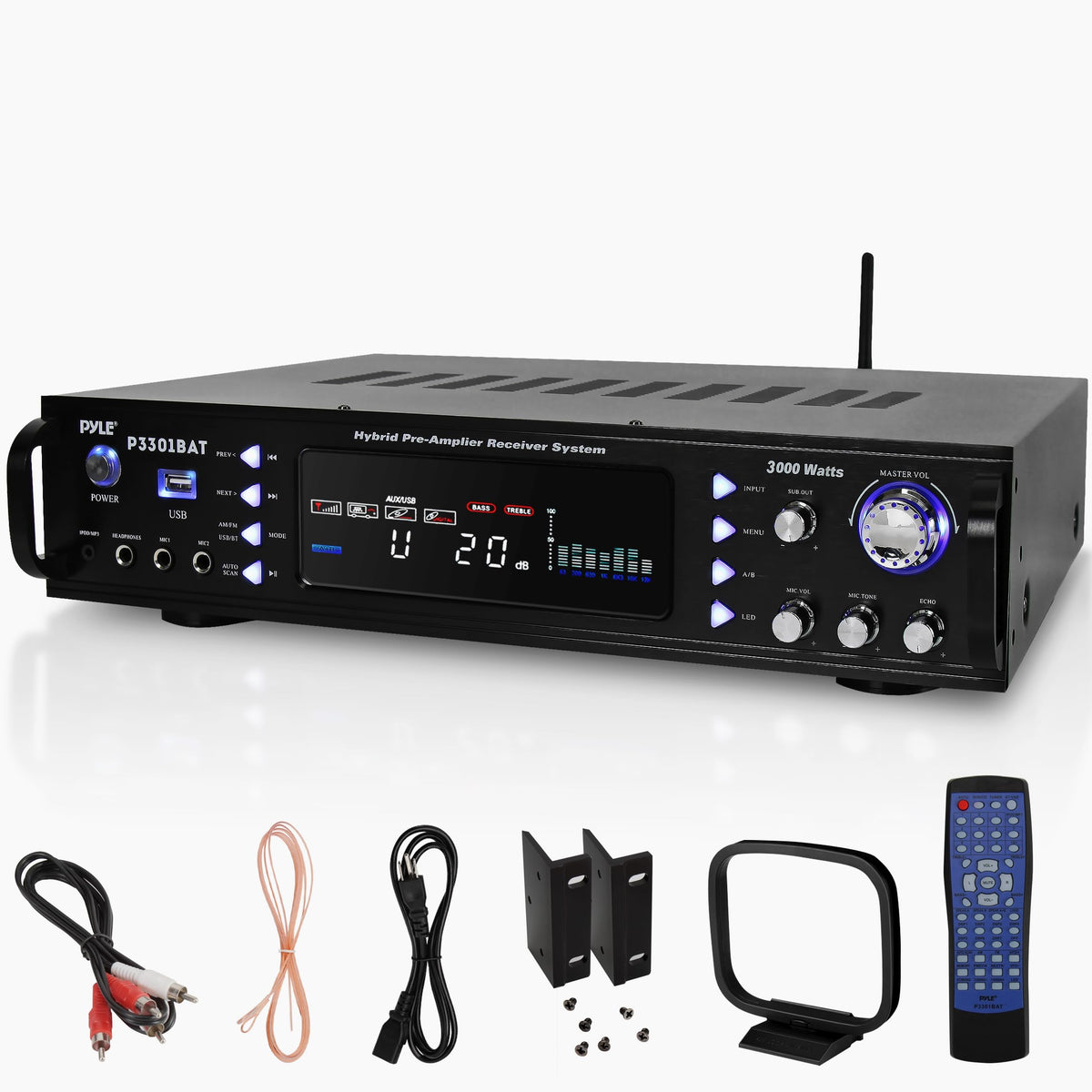 Pyle P3301BAT front panel with controls and LED display.