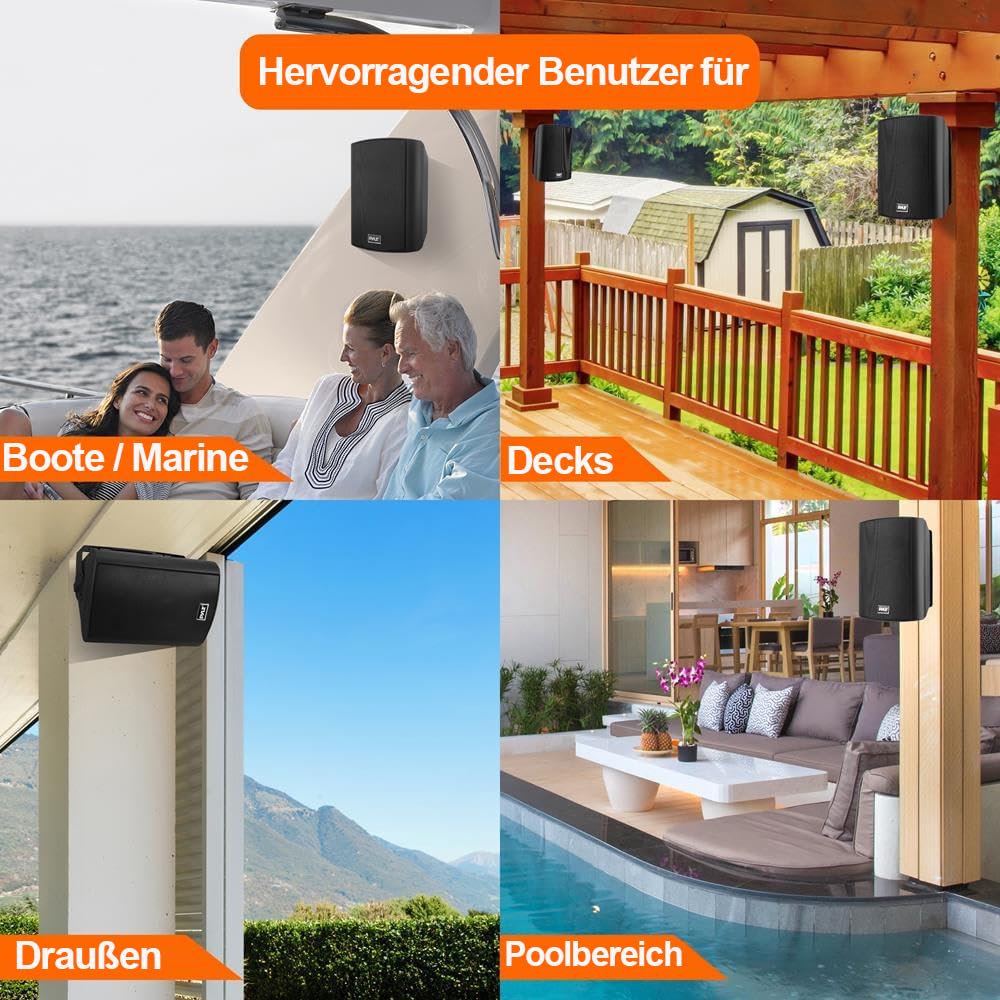 Pyle pair mounted on a patio deck illustrates versatile indoor/outdoor use