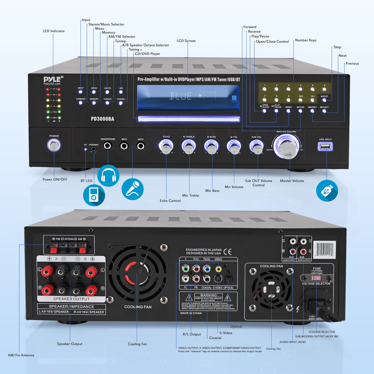 Pyle PD3000BA5 Bluetooth streaming for wireless music from any device.
