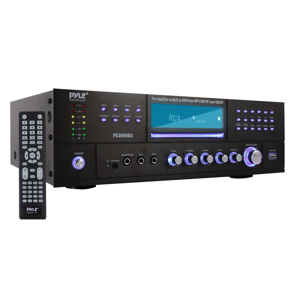 Pyle PD3000BA5 front panel with DVD player for convenient media control.