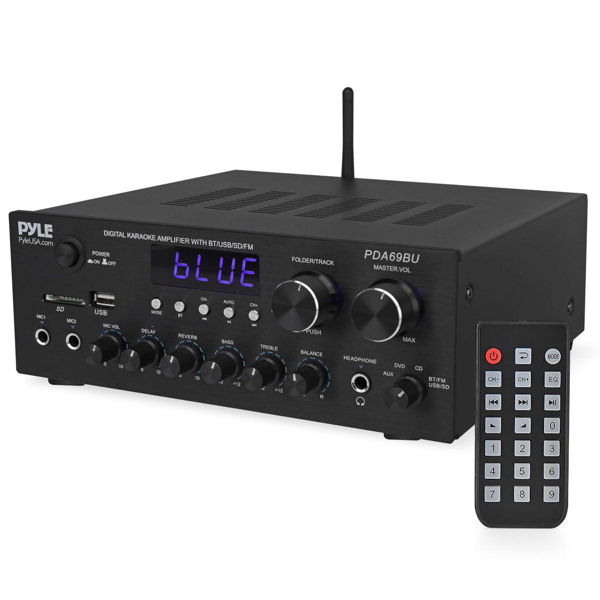 Pyle PDA69BU front panel dials demonstrate precise tone control for personalized sound.