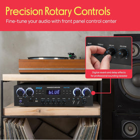 Pyle PDA77BU dual mic inputs for karaoke hosting with independent controls.