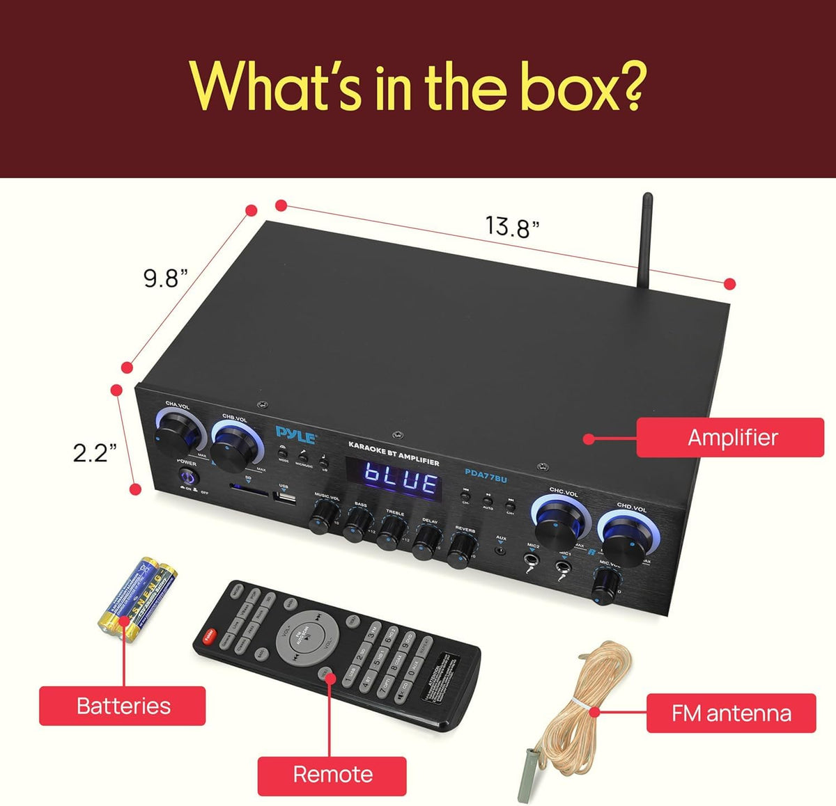 Pyle PDA77BU FM radio tuner for over-the-air listening.
