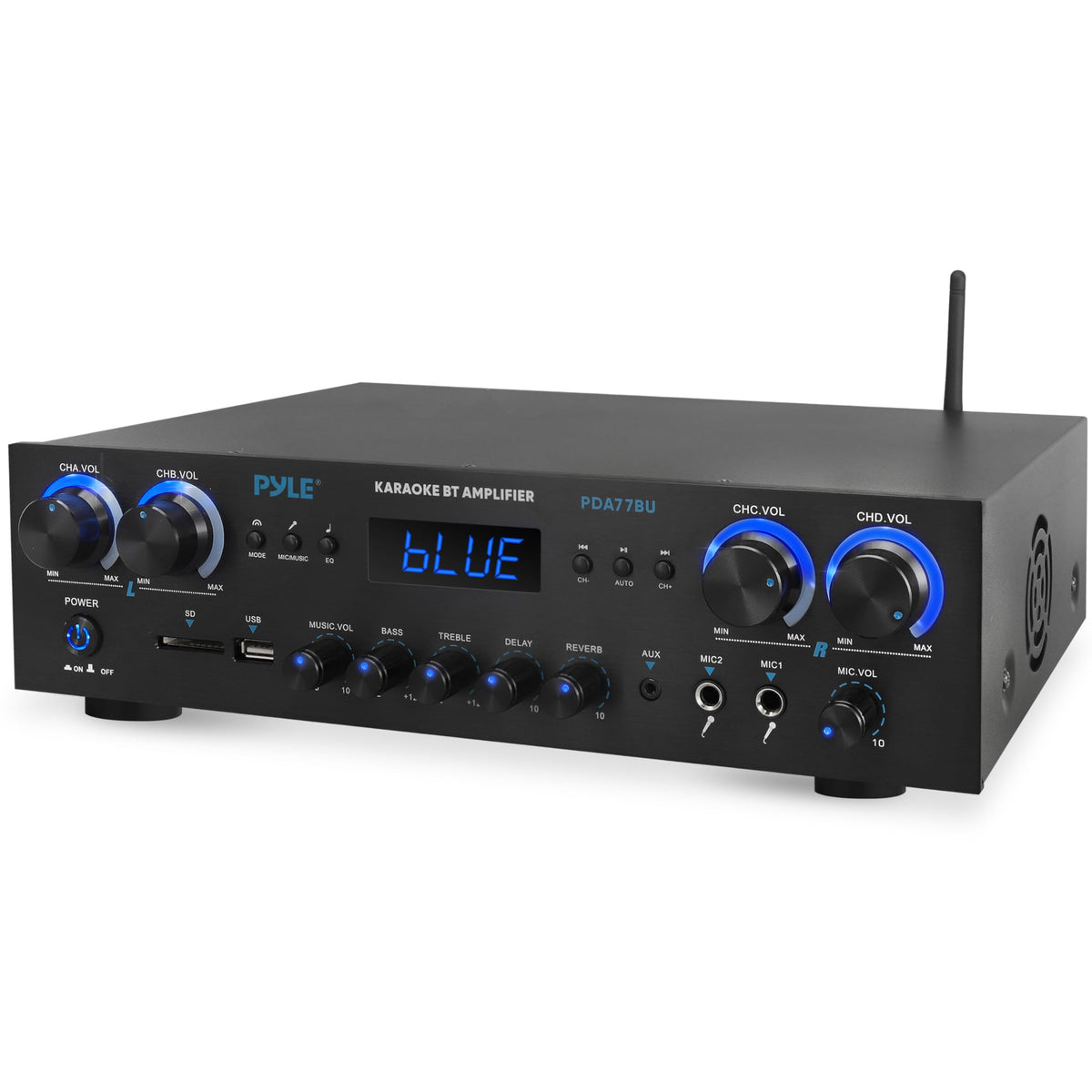 Pyle PDA77BU front panel display for quick, precise audio adjustments.