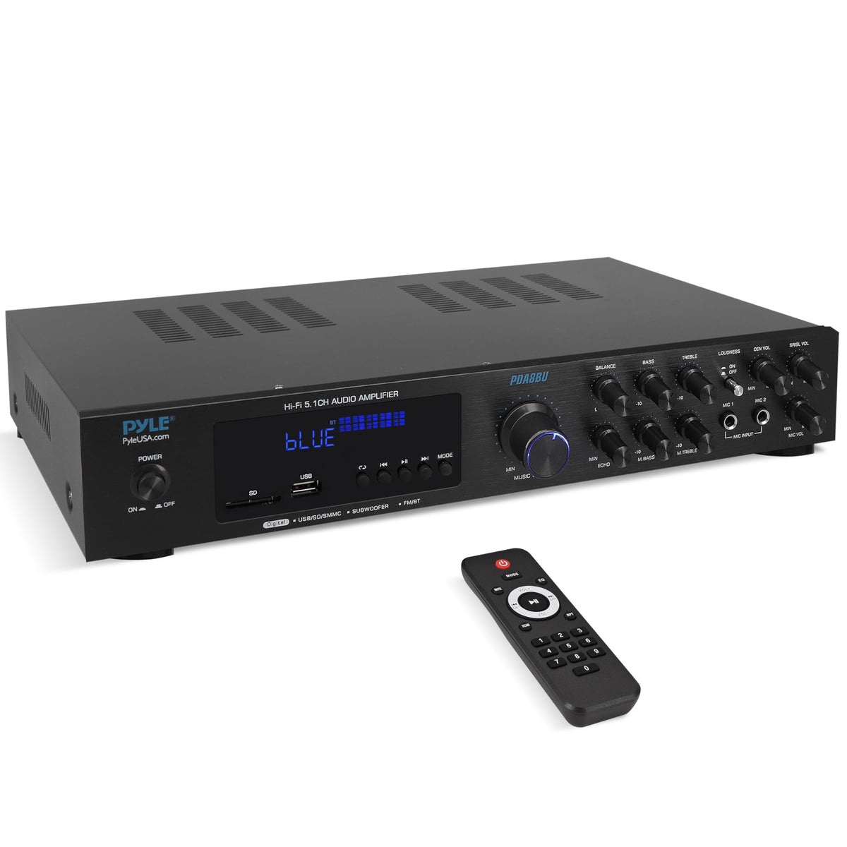 Pyle PDA8BU front panel controls for quick volume and EQ tweaks