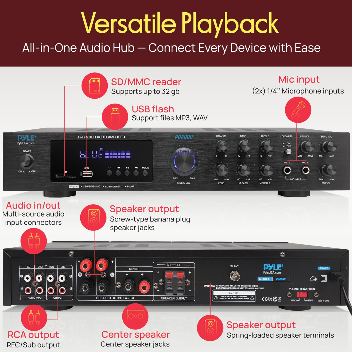 Pyle PDA8BU karaoke mic inputs with adjustable echo