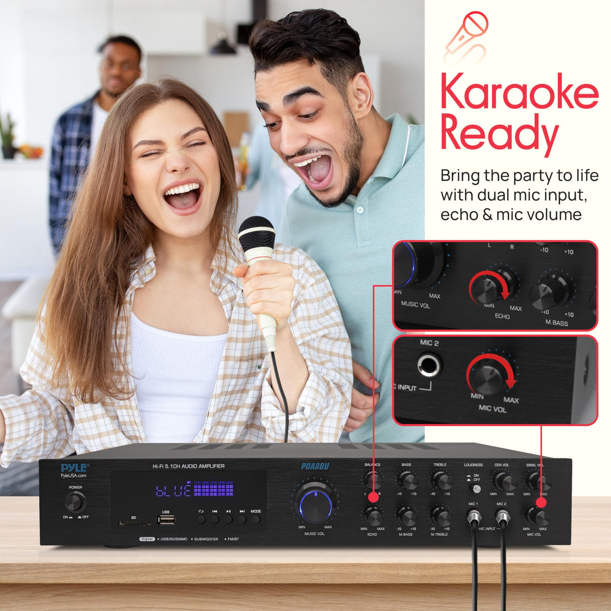 Pyle PDA8BU dual mic inputs ready for karaoke sessions
