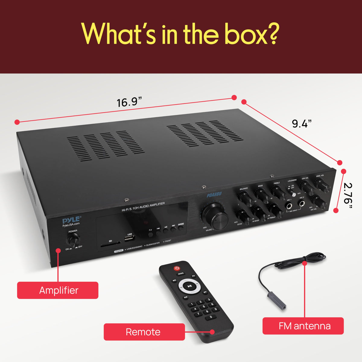 Pyle PDA8BU compact home theater amplifier fits on a shelf