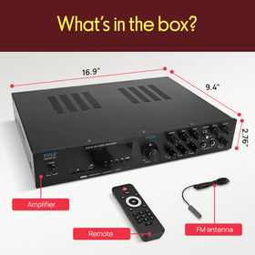 Pyle PDA8BU compact home theater amplifier fits on a shelf