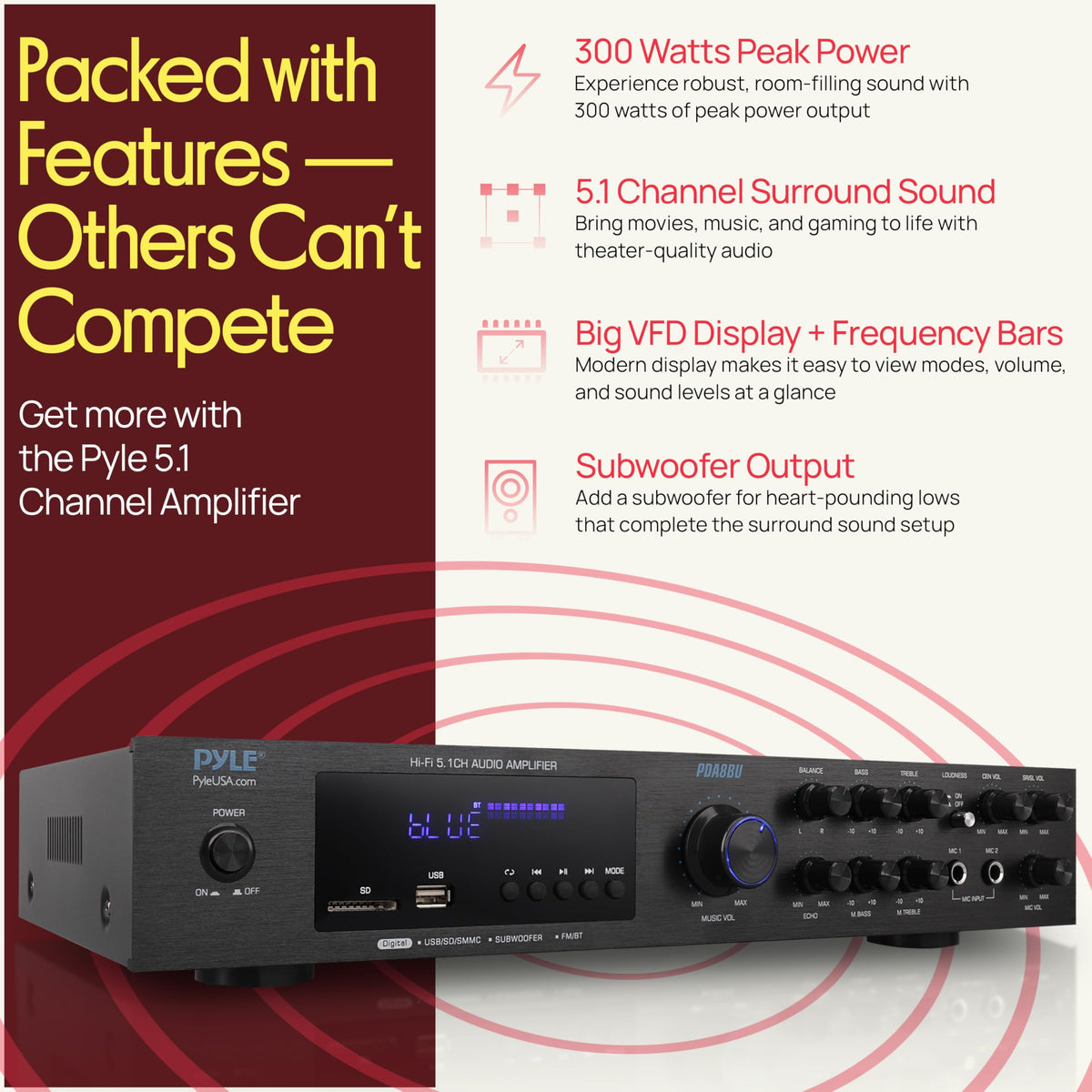 Pyle PDA8BU subwoofer output for rich bass
