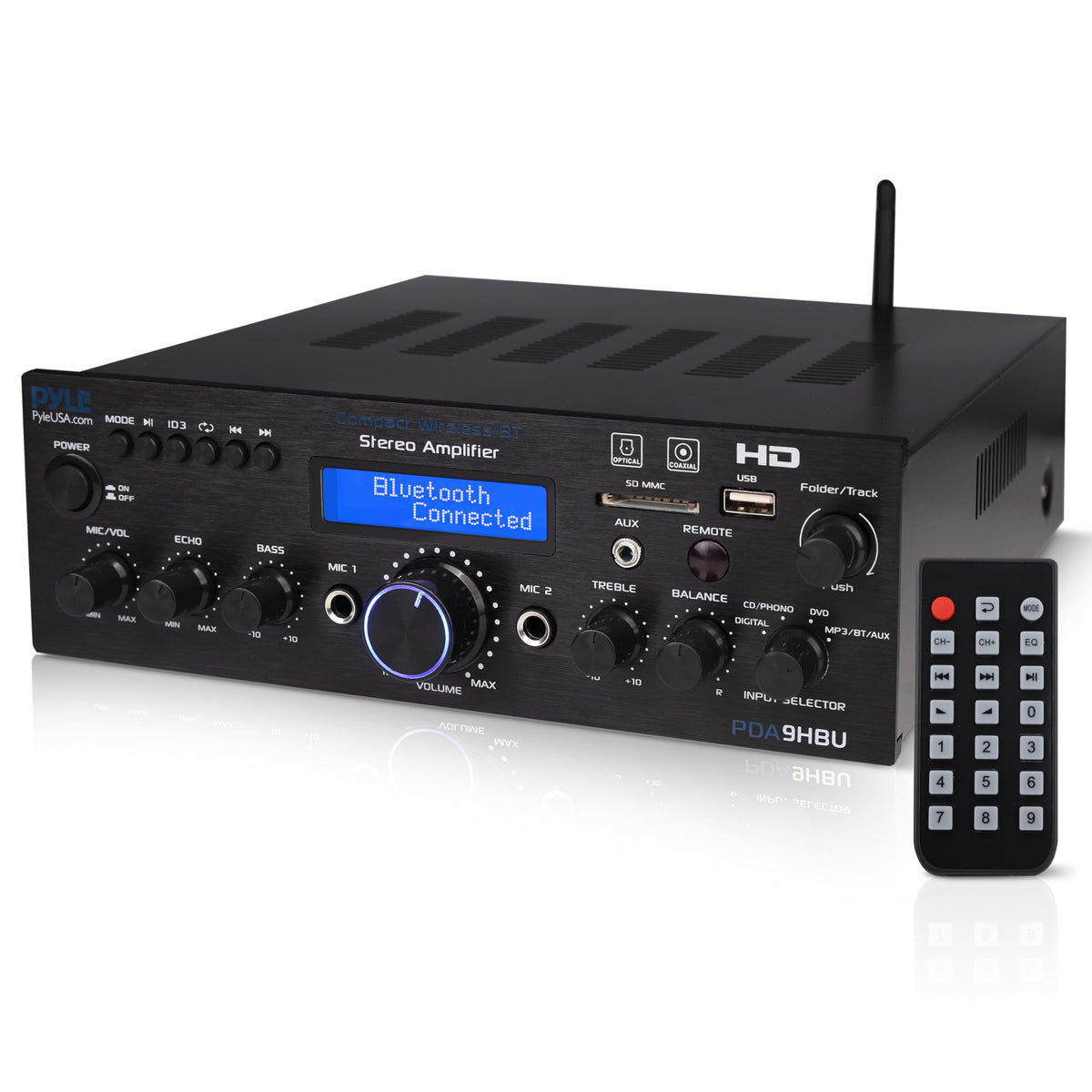 Pyle PDA9HBU front panel controls for quick source switching and easy setup.