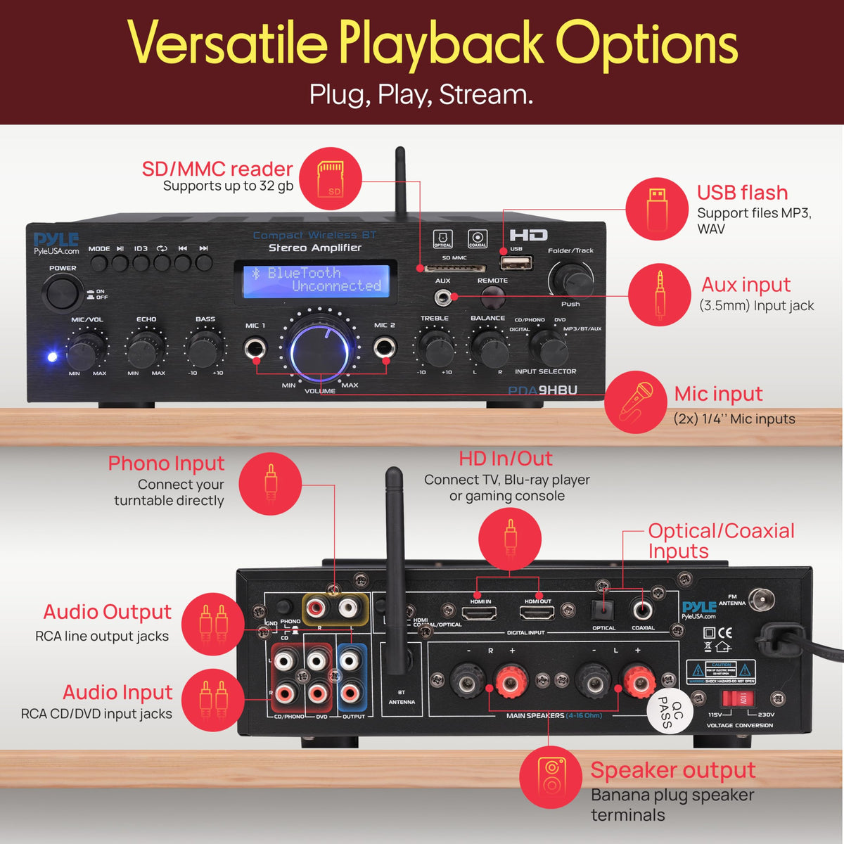 Pyle PDA9HBU two mic inputs ready for karaoke-style use and vocal mixing.