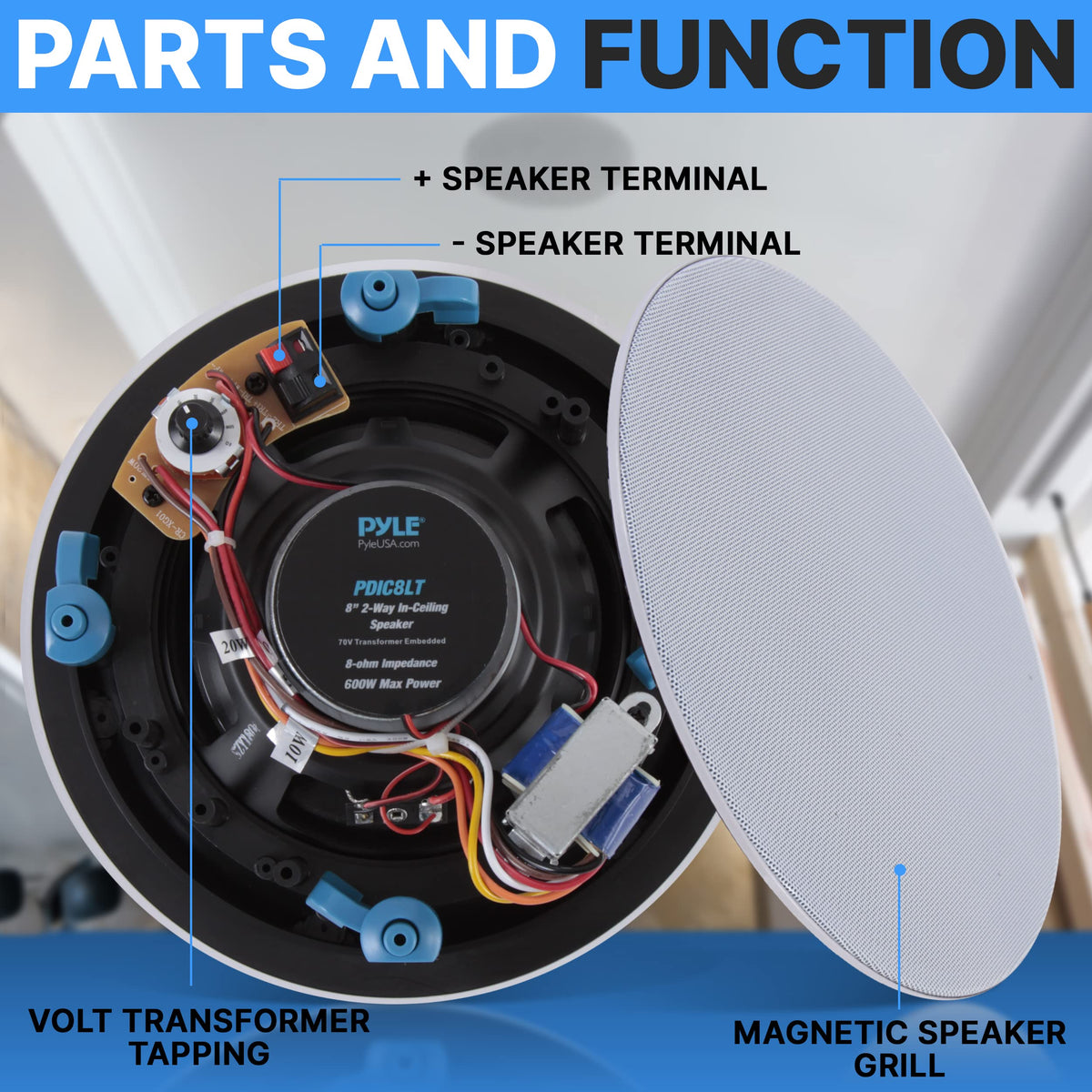 Pyle PDIC8LT 70V transformer detail showing flexible tapping options for different rooms.