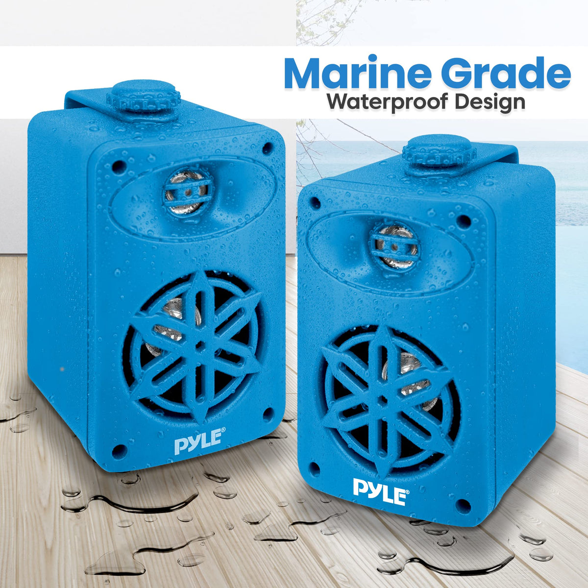 Pyle PDWR35BL mounted on wooden deck demonstrating outdoor durability