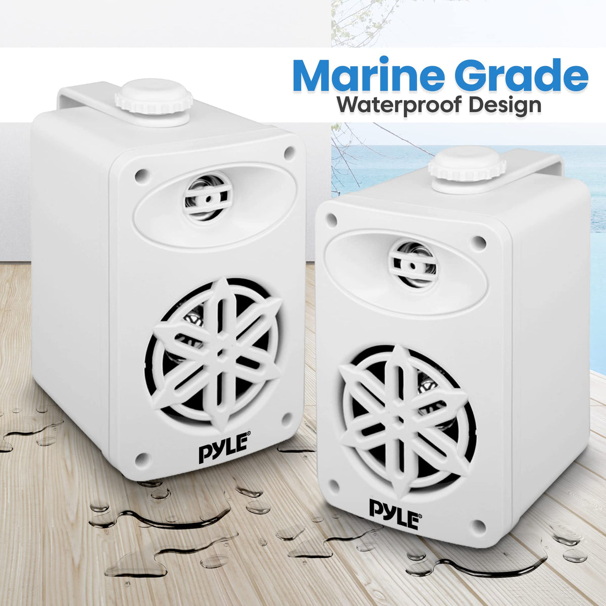 Pyle PDWR35WT installed on a boat rail showing marine placement benefit: splash-resistant audio outdoors