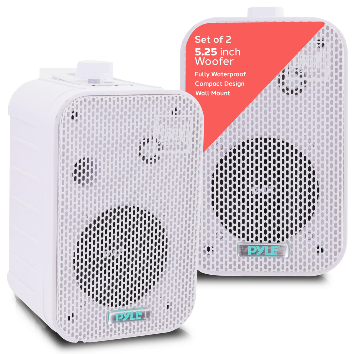 Pyle PDWR40W weatherproof speakers front view for outdoor listening and poolside ambiance