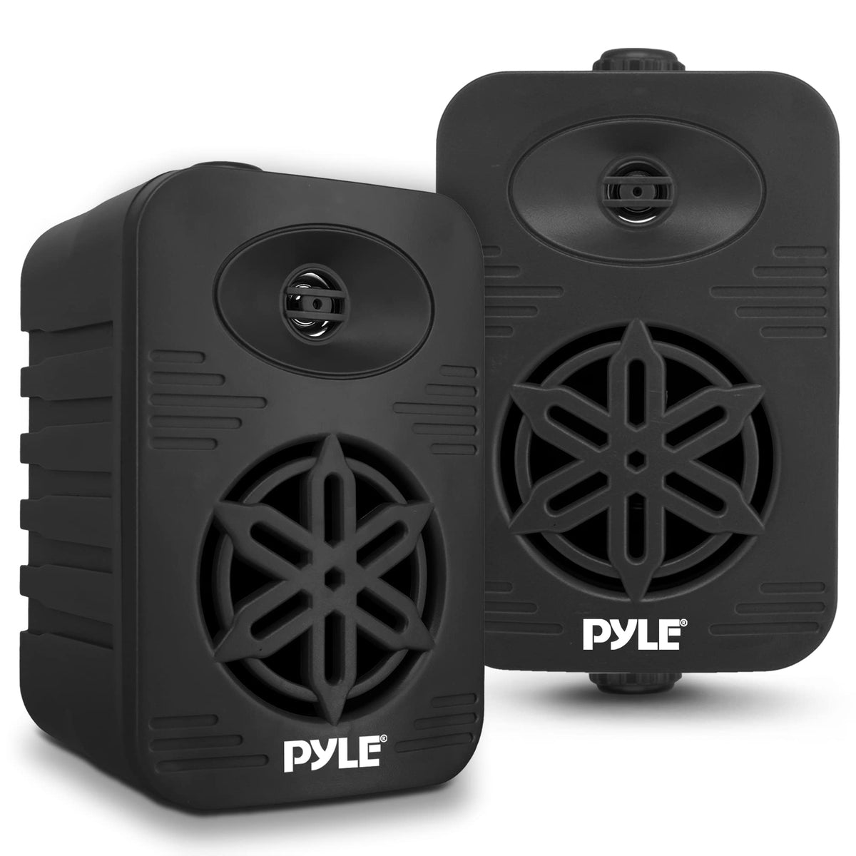 Pyle PDWR45BK dual outdoor speakers front view for deck use with clear sound.