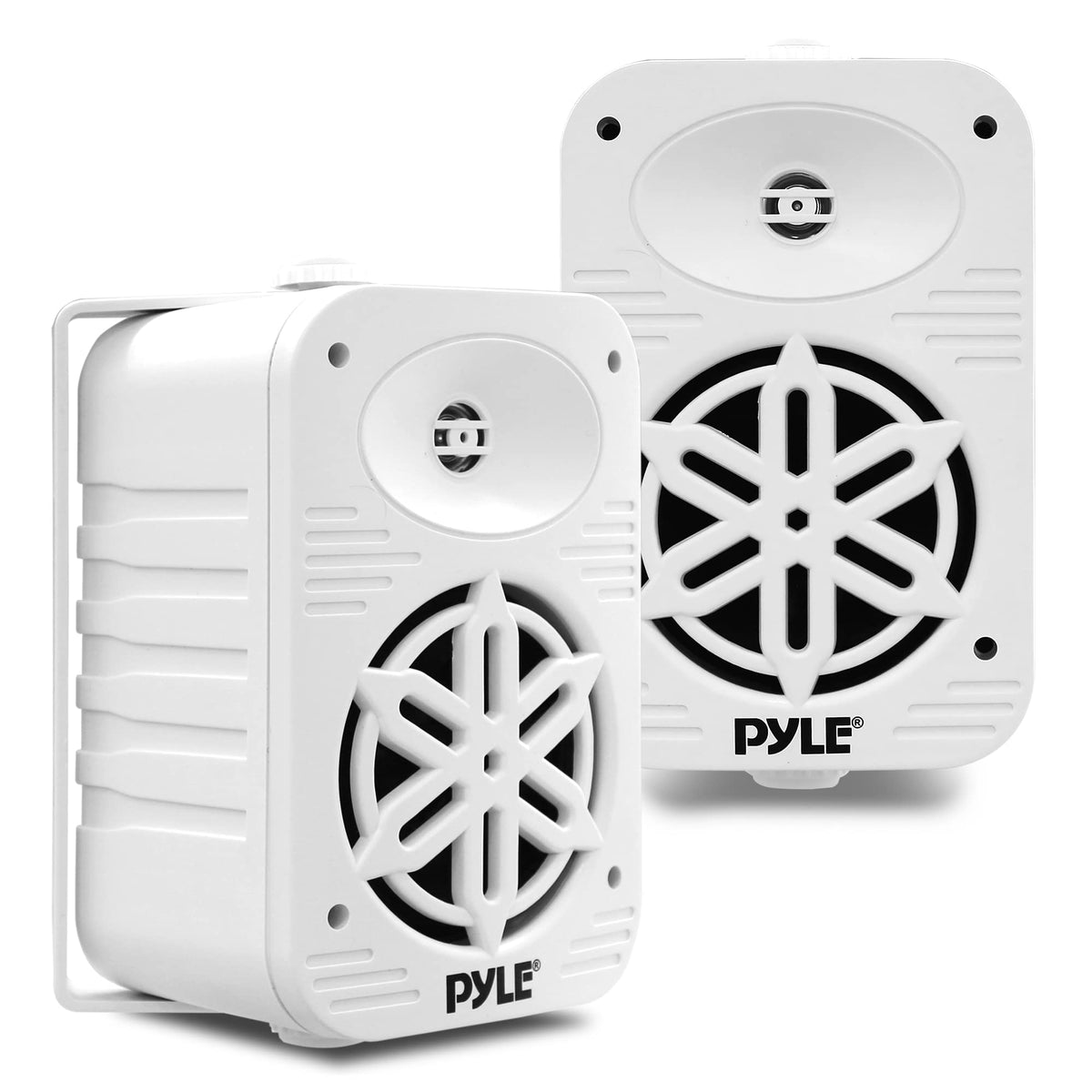 Pyle PDWR55WT indoor/outdoor speakers in a waterfront deck setup illustrating powerful 500W peak output