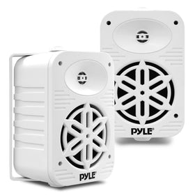 Pyle PDWR55WT indoor/outdoor speakers in a waterfront deck setup illustrating powerful 500W peak output