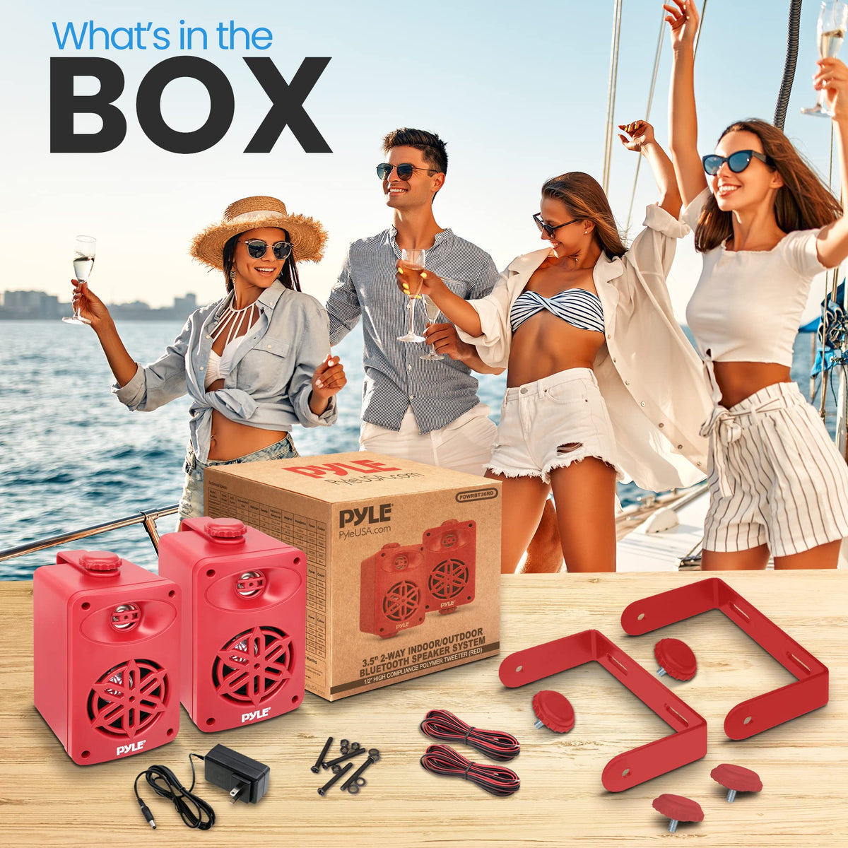 Pyle PDWRBT36RD marine-grade ABS construction withstands splashes on decks and boats