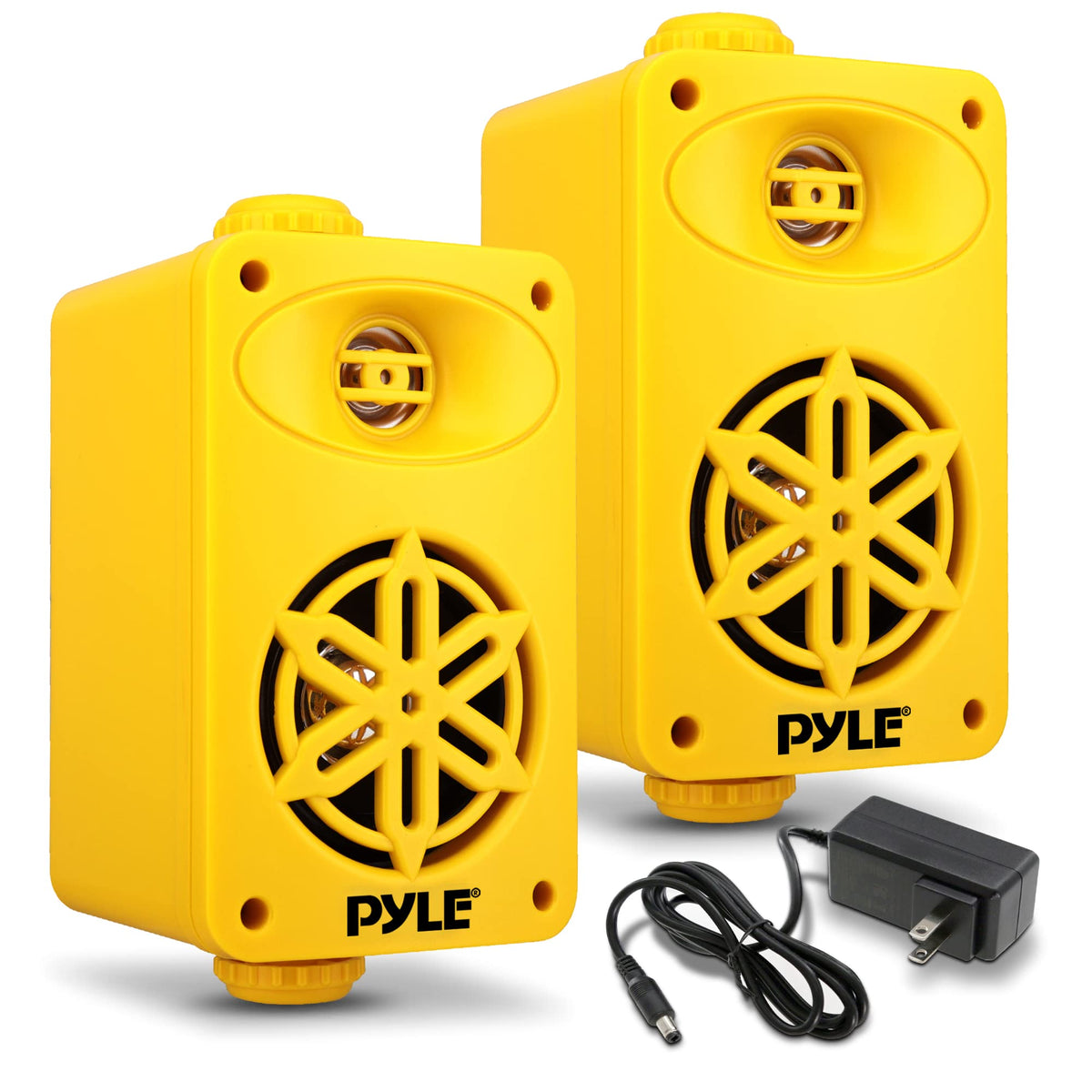 Pyle PDWRBT36YL front view showing grille and compact design, durable outdoor benefit