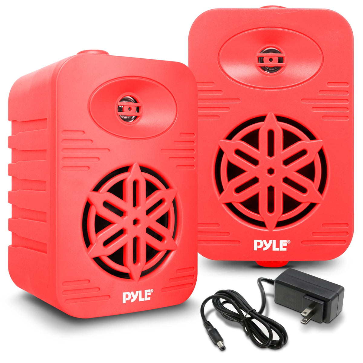 Pyle PDWRBT46RD pair front view with rugged waterproof exterior for outdoor listening.