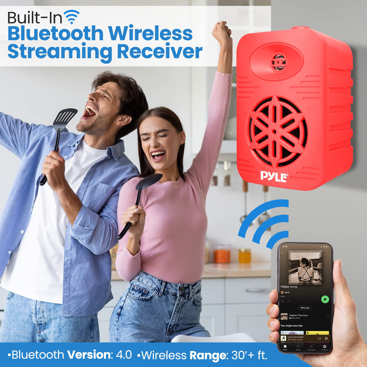 Pyle PDWRBT46RD waterproof outdoor speakers on a patio setting.