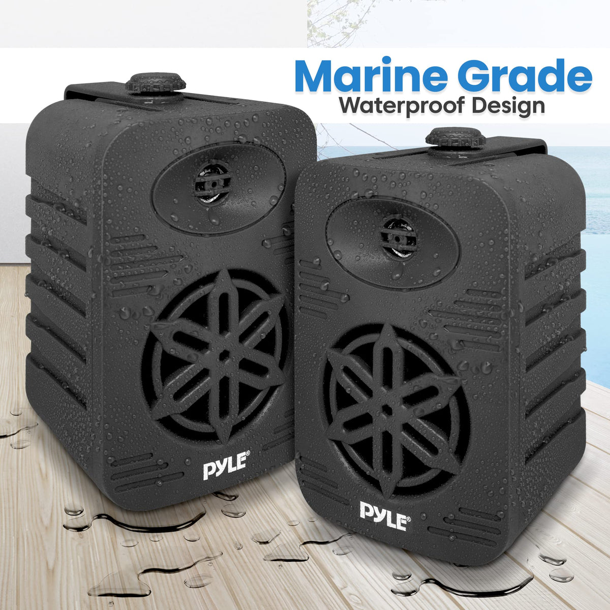 Pyle PDWRBT56BK secured to a boat rail demonstrating marine-grade splash resistance