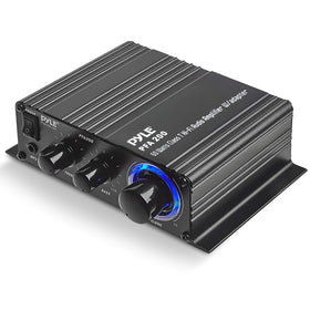 Pyle PFA200 front panel view showing knobs and compact benefits