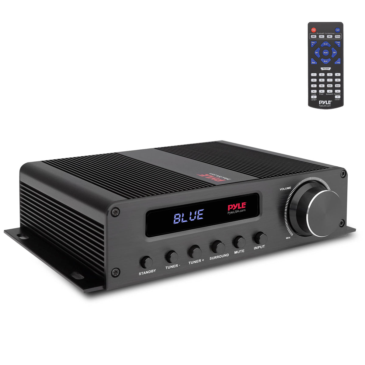 Pyle PFA540BT compact amplifier front panel with controls for easy listening setup.