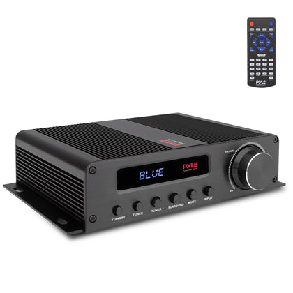 Pyle PFA540BT compact amplifier front panel with controls for easy listening setup.