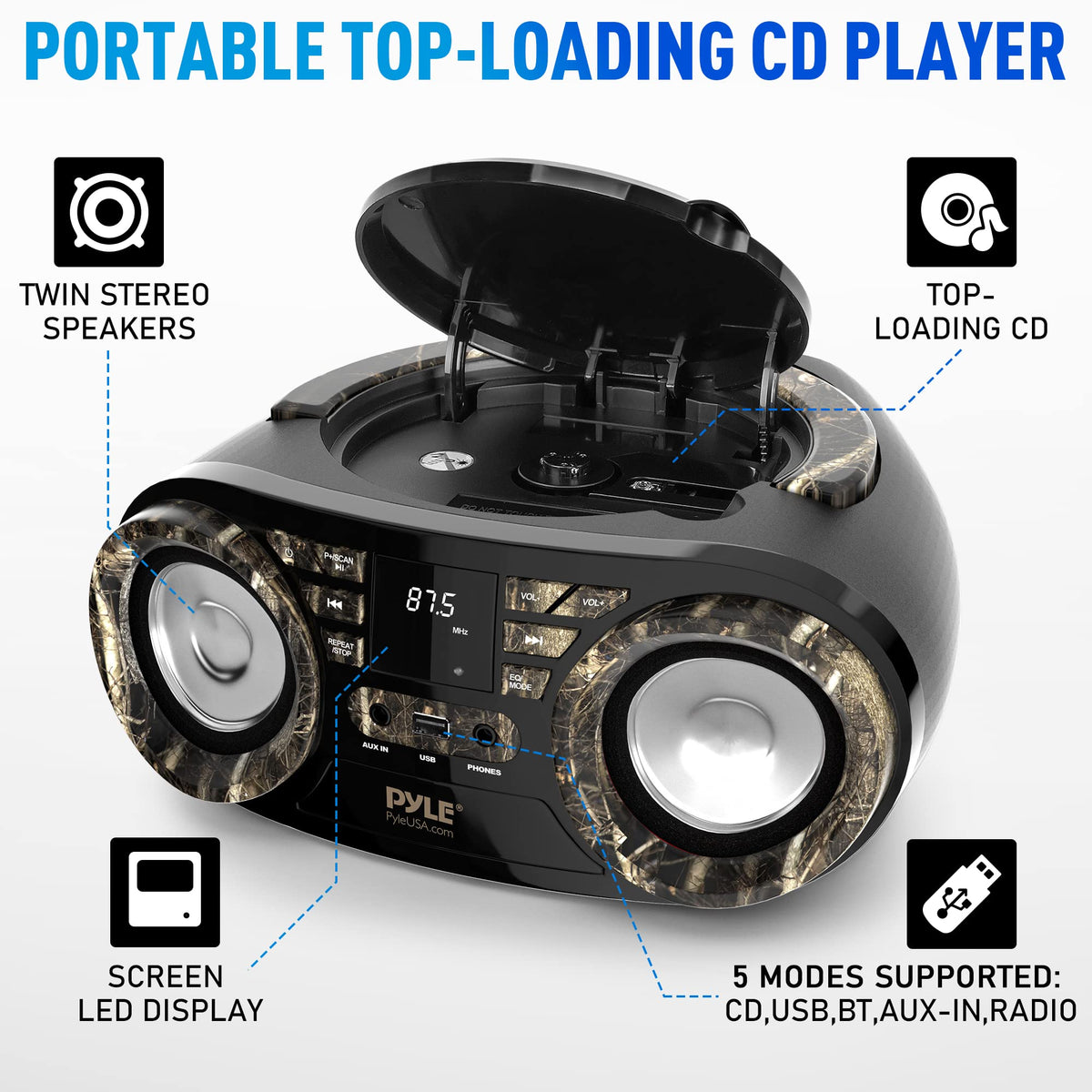Pyle PHCD59 CD lid open demonstrating disc playback and auto-stop convenience