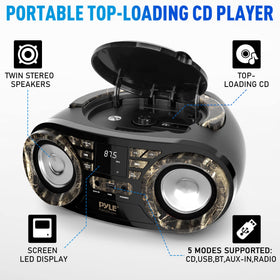 Pyle PHCD59 CD lid open demonstrating disc playback and auto-stop convenience