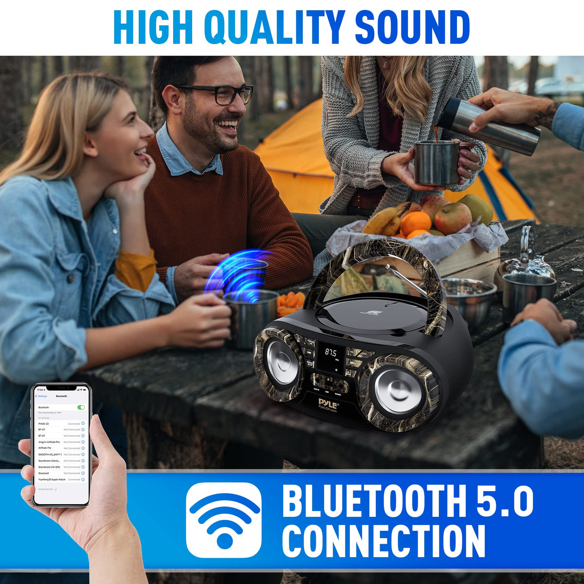 Pyle PHCD59 on picnic table streaming Bluetooth for portable outdoor listening
