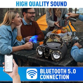 Pyle PHCD59 on picnic table streaming Bluetooth for portable outdoor listening