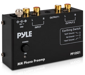 Pyle phono preamp front panel showing compact design for easy setup and placement