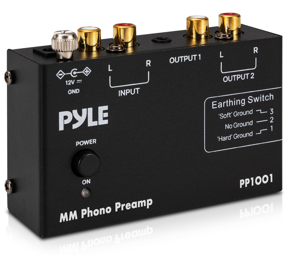 Pyle phono preamp front panel showing compact design for easy setup and placement